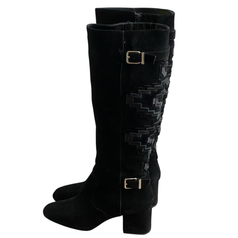 Gianni Bini Black Suede Leather Embroidered Tall Boots Block Heel Aztec Boho 10